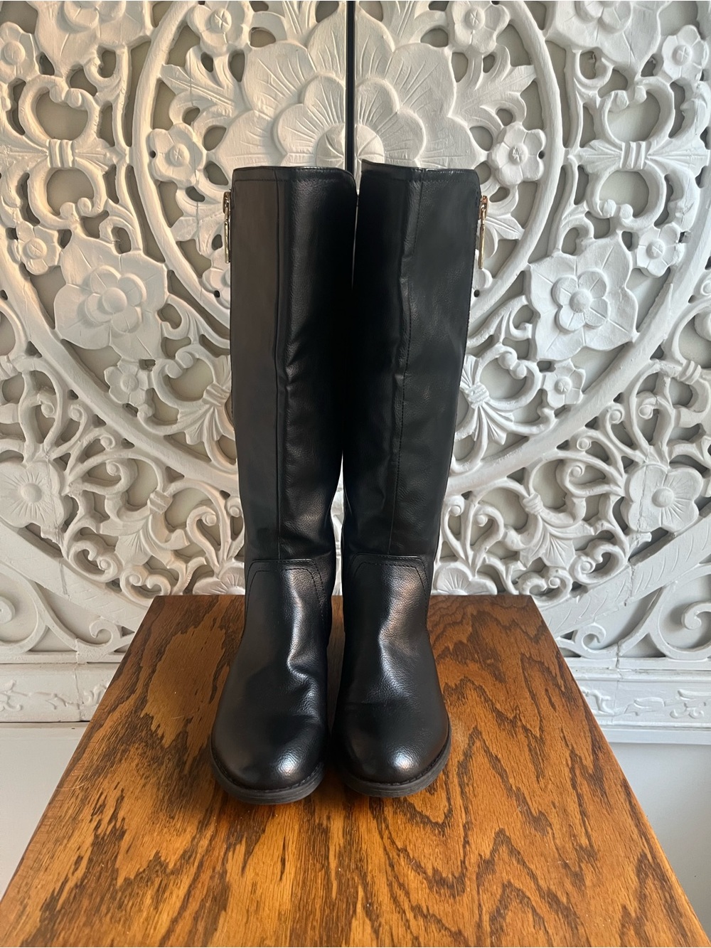 Steve Madden Black Knee High Riding Boots Gold Zip Faux Leather Women’s Size 36 - Picture 5 of 12